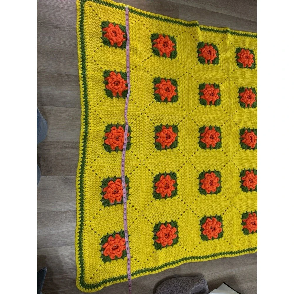Vintage Handmade 3D Roses Crochet Afghan Blanket Yellow Green Orange 70s 52x63